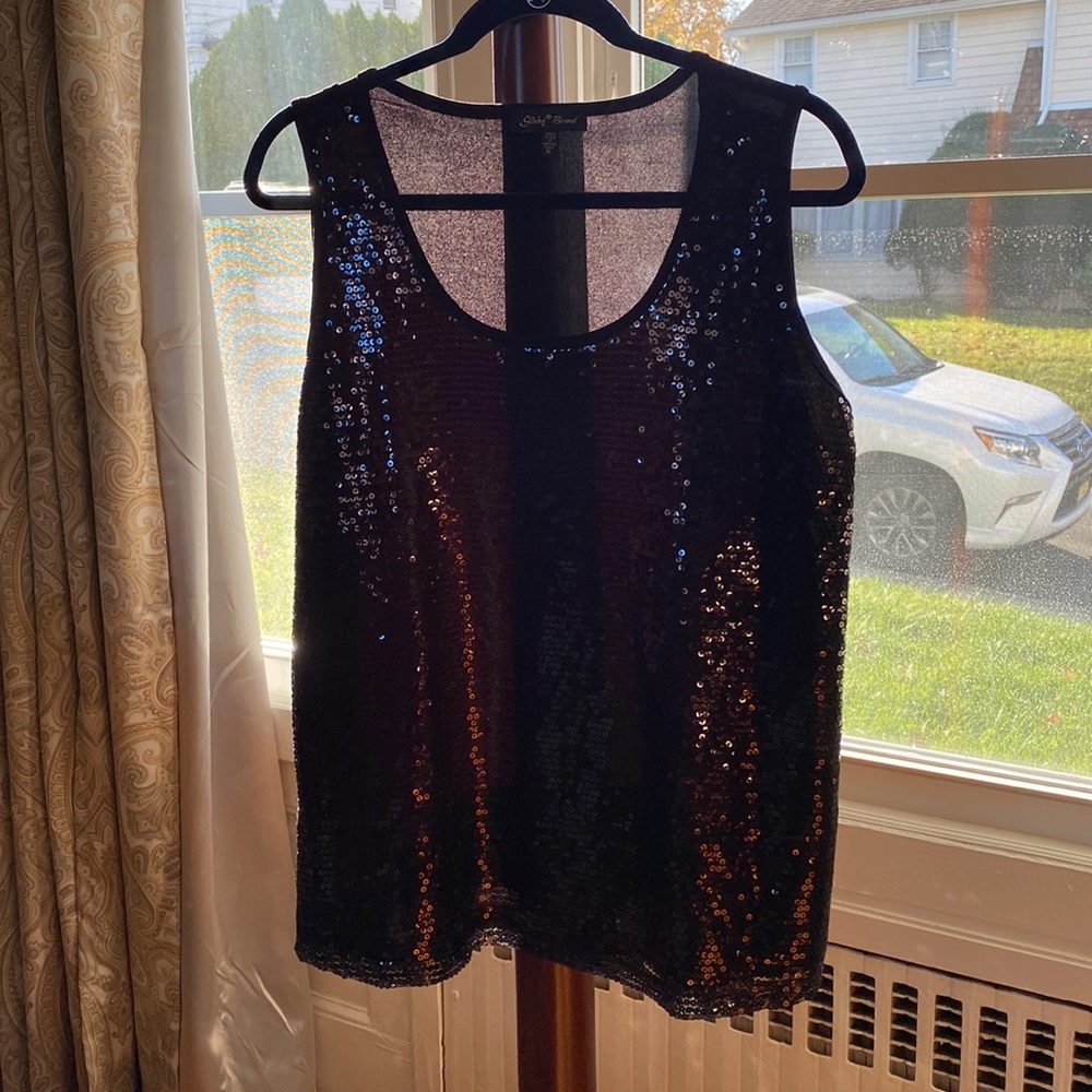 Slinky Brand Sequined Front Tank Top in Black, Size XL